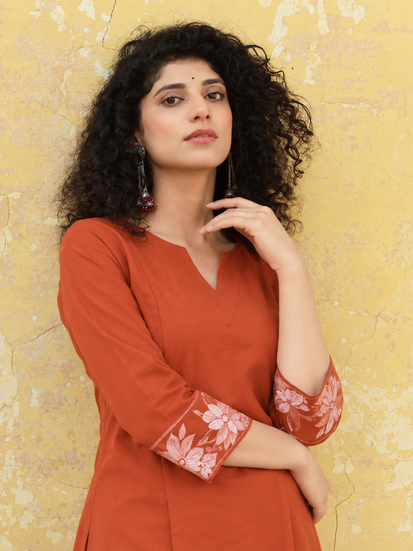 Women's Embroidered Cotton Kurta with Off-White Farshi Salwar Set