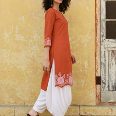 Women's Embroidered Cotton Kurta with Off-White Farshi Salwar Set