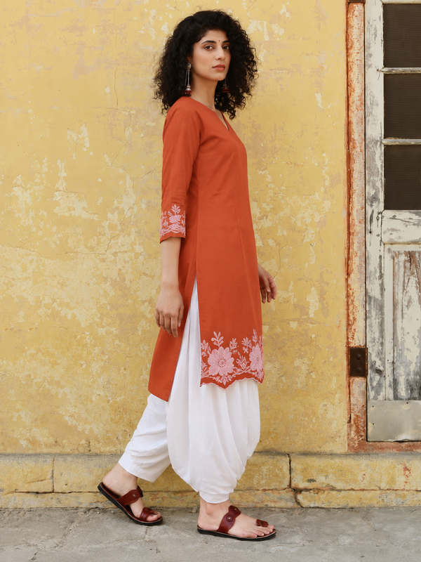 Women's Embroidered Cotton Kurta with Off-White Farshi Salwar Set