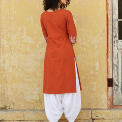Women's Embroidered Cotton Kurta with Off-White Farshi Salwar Set