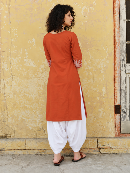 Women's Embroidered Cotton Kurta with Off-White Farshi Salwar Set