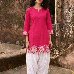 Women's Embroidered Cotton Kurta with Off-White Farshi Salwar Set