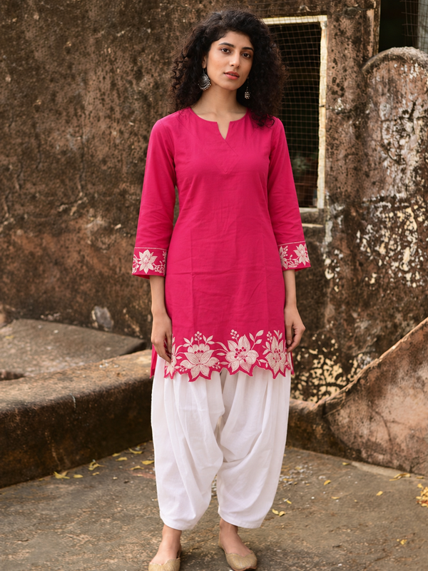 Women's Embroidered Cotton Kurta with Off-White Farshi Salwar Set