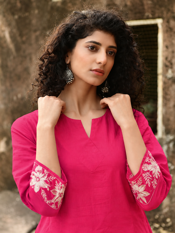 Women's Embroidered Cotton Kurta with Off-White Farshi Salwar Set