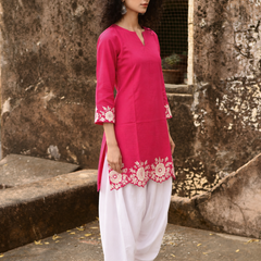 Women's Embroidered Cotton Kurta with Off-White Farshi Salwar Set