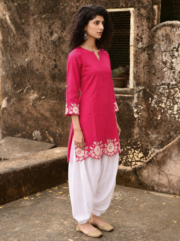 Women's Embroidered Cotton Kurta with Off-White Farshi Salwar Set