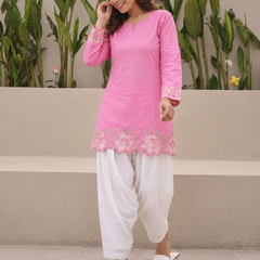 Women's Embroidered Cotton Kurta with Off-White Farshi Salwar Set