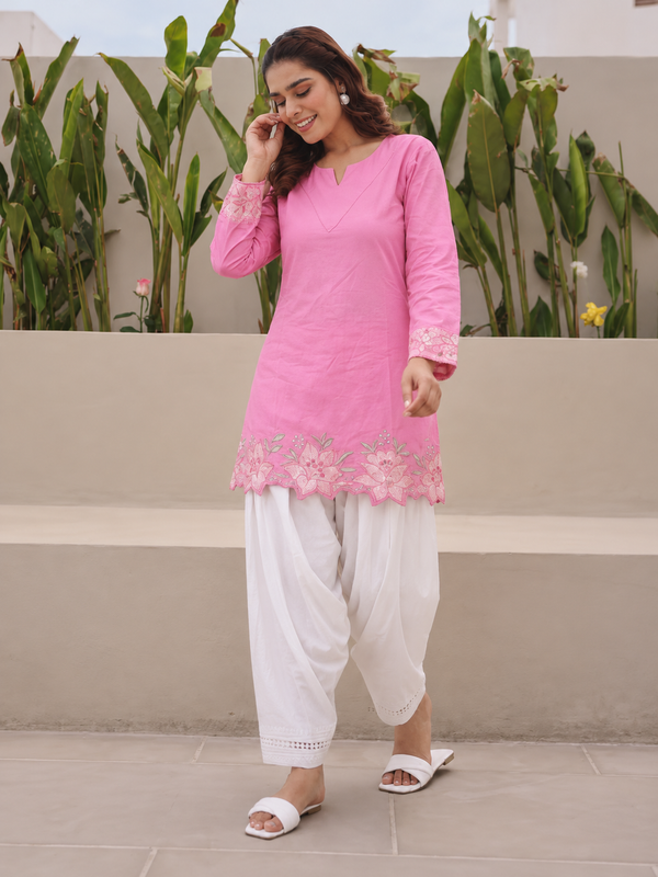Women's Embroidered Cotton Kurta with Off-White Farshi Salwar Set