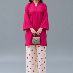 Fuchsia Pink Kurta & Heart Print Wide-Leg Pants Co-ord Set