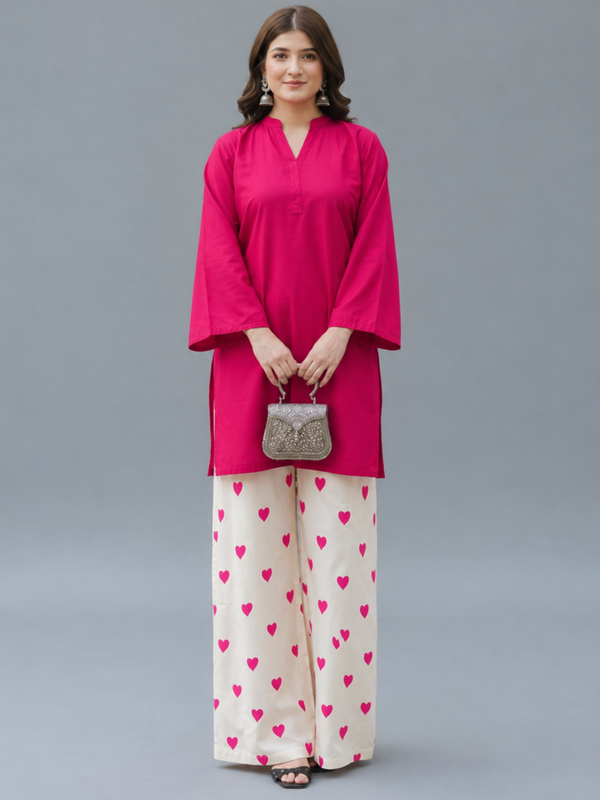 Fuchsia Pink Kurta & Heart Print Wide-Leg Pants Co-ord Set
