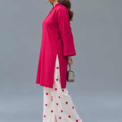 Fuchsia Pink Kurta & Heart Print Wide-Leg Pants Co-ord Set