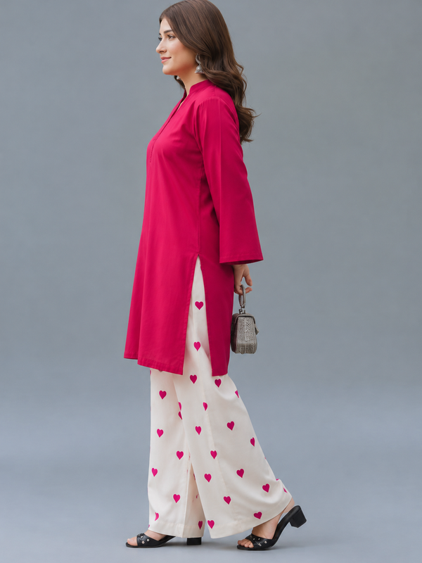 Fuchsia Pink Kurta & Heart Print Wide-Leg Pants Co-ord Set