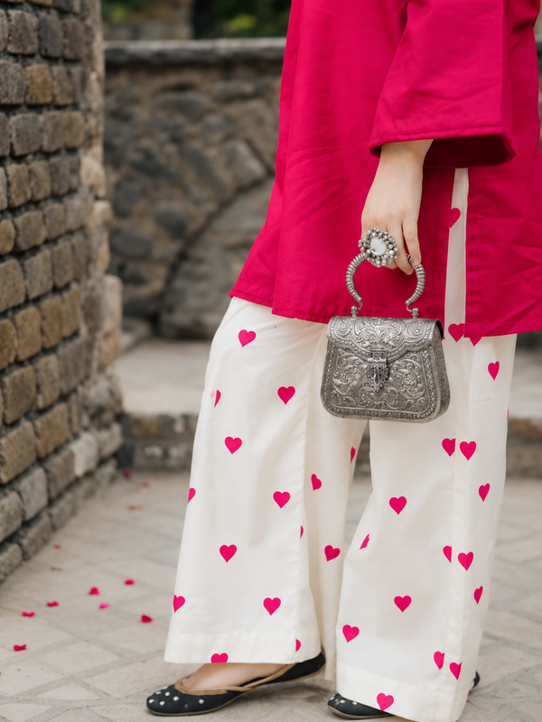 Fuchsia Pink Kurta & Heart Print Wide-Leg Pants Co-ord Set